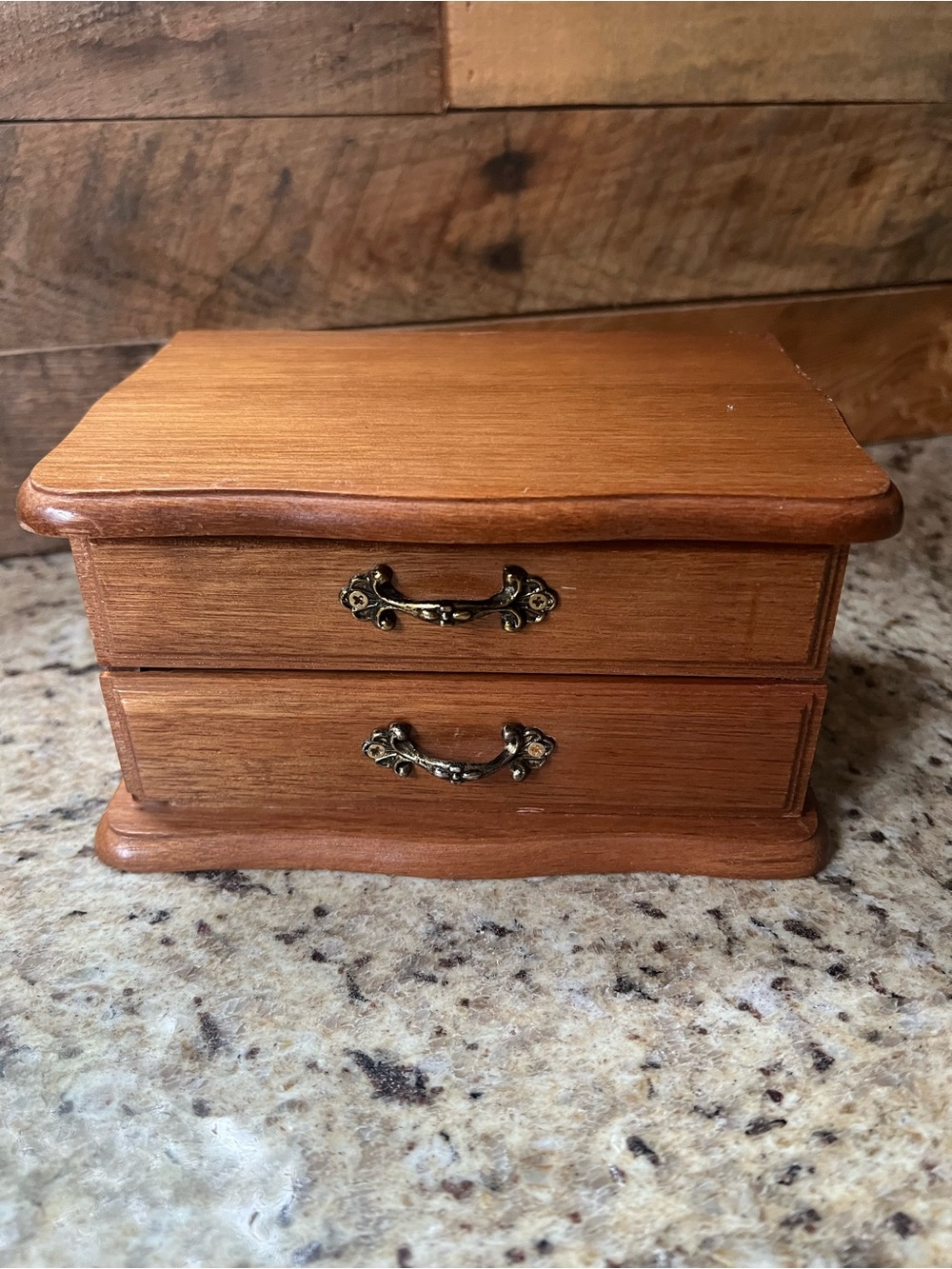 Vintage Wood Jewelry Box with Two Drawers and Yellow velvet lining